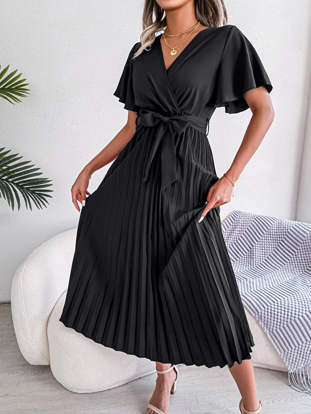 Long Pleated Fluid Dress with Crossover Neckline