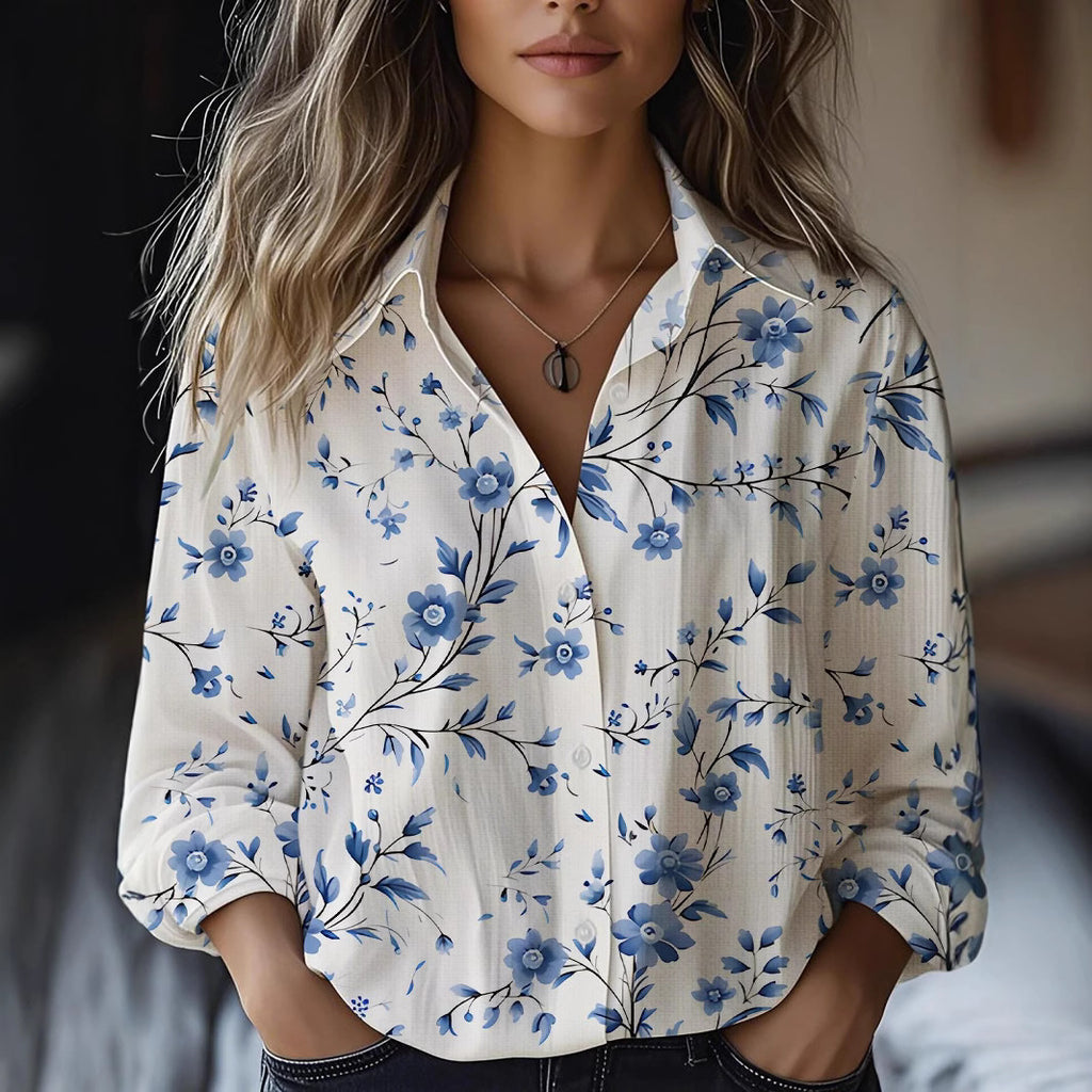 Blusa floral de manga larga en mezcla de lino
