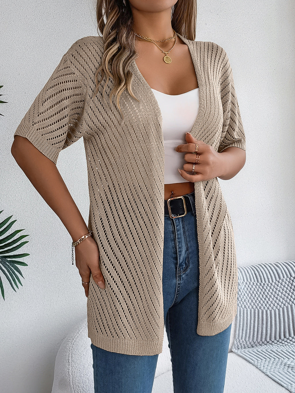 Long Open-Knit Cardigan with Vertical Stripes and Short Sleeves