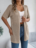 Long Open-Knit Cardigan with Vertical Stripes and Short Sleeves
