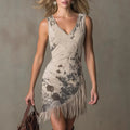 Short V-Neck Dress with Ink-Effect Print and Fringe Trim