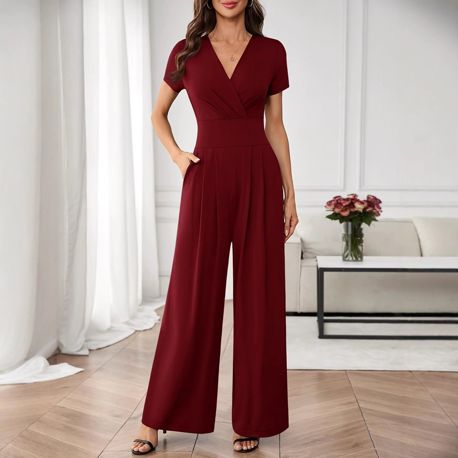 Solid-Color Short-Sleeve Pleated Wide-Leg Jumpsuit