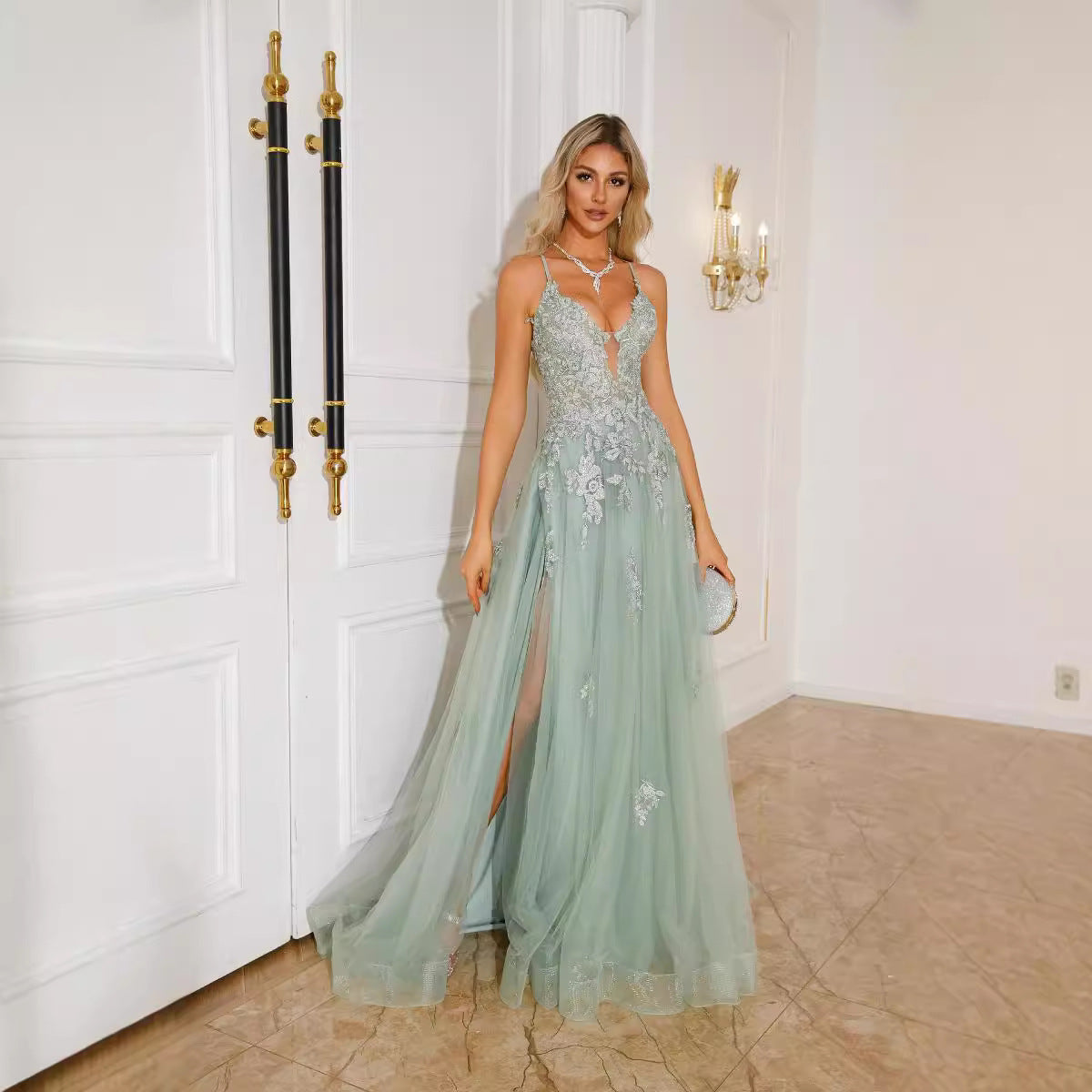 High-Waisted Long Evening Dress with Lace-Up Detail