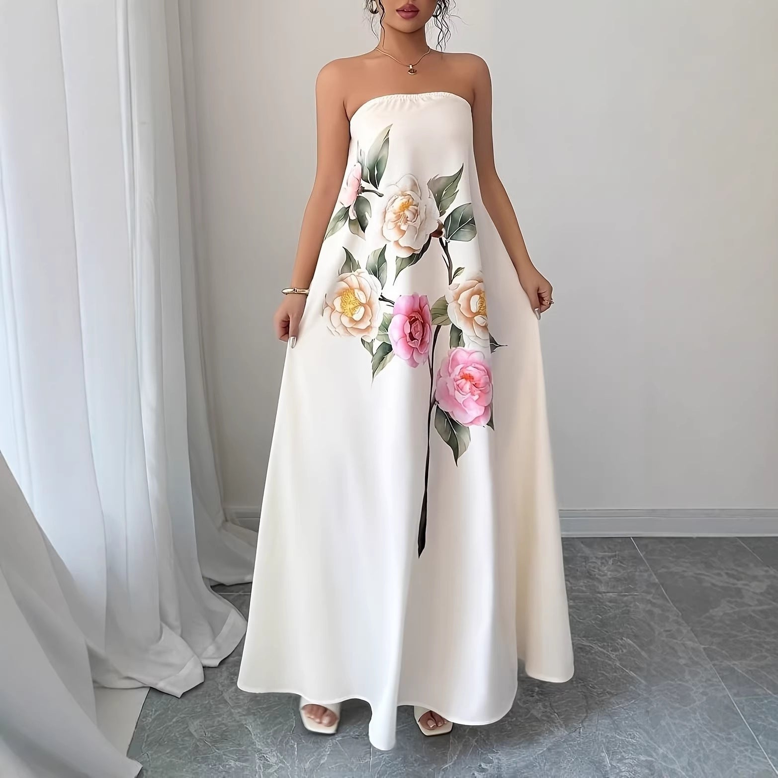 Long Floral Strapless Dress with Flowing Fit