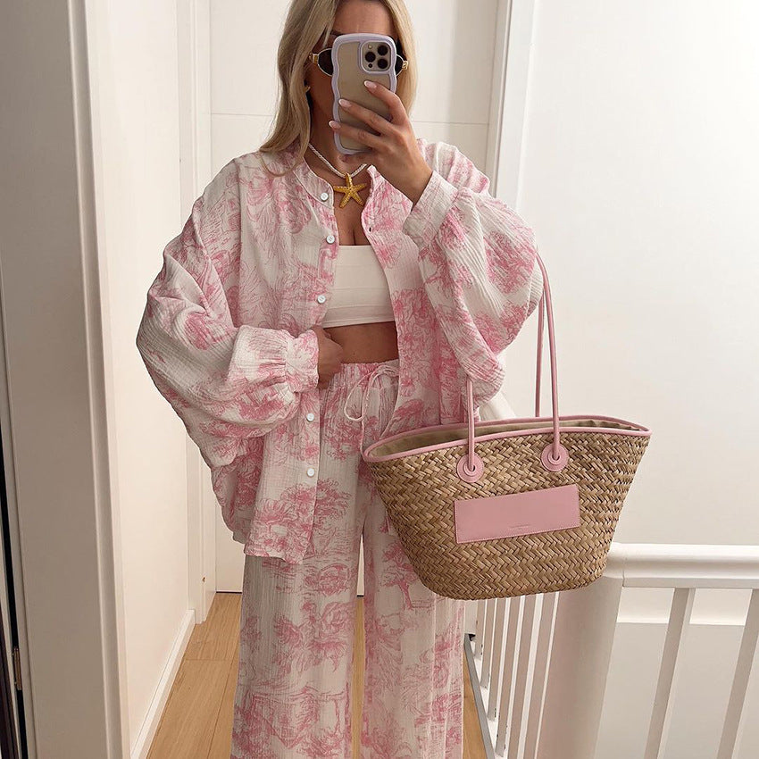 Pijama de algodón transpirable: camiseta de manga larga y pantalón