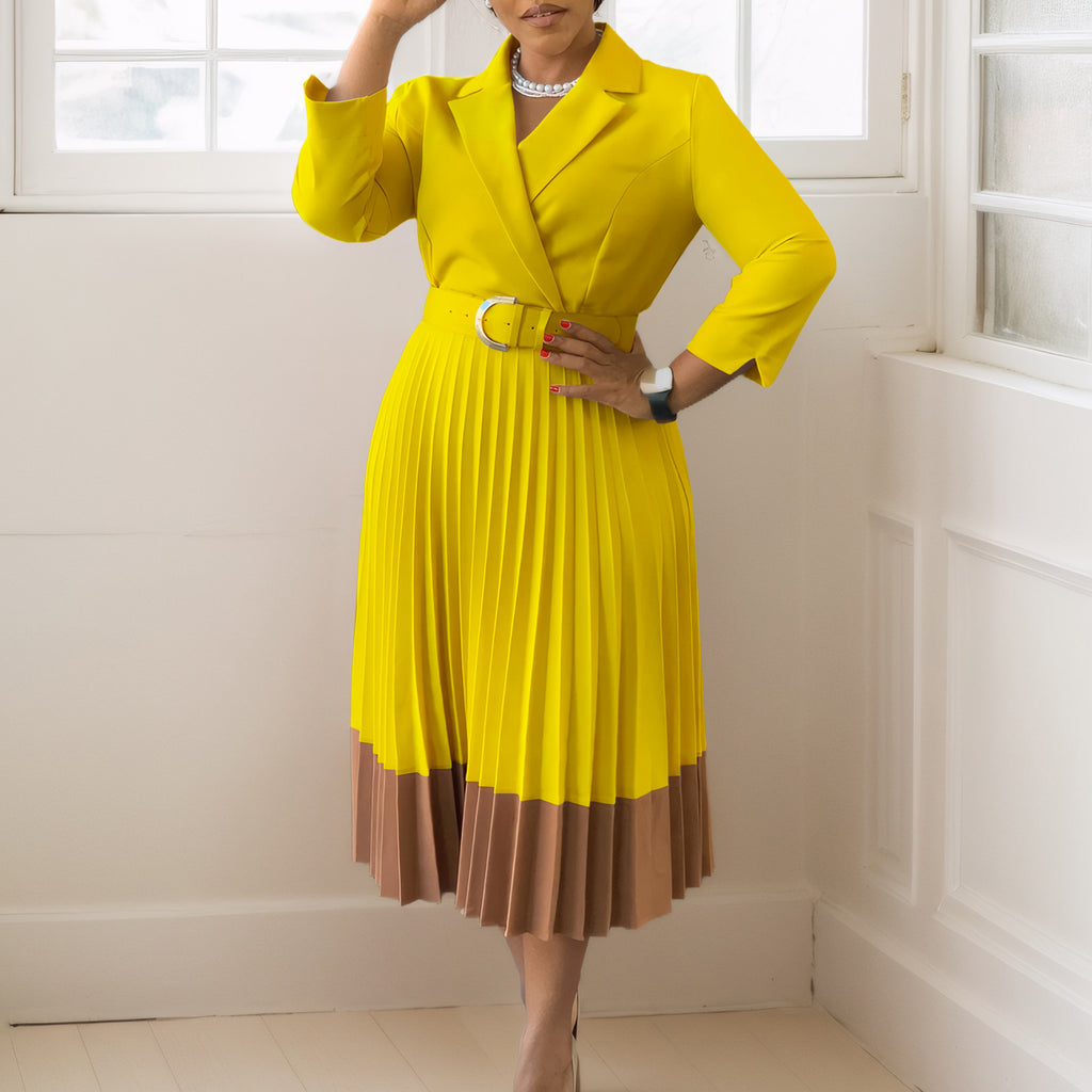 Robe midi plissée élégante pour femme avec col et ceinture