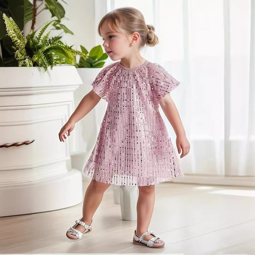 Girls Sequin Princess Dress Short Sleeves (Pink or Apricot)