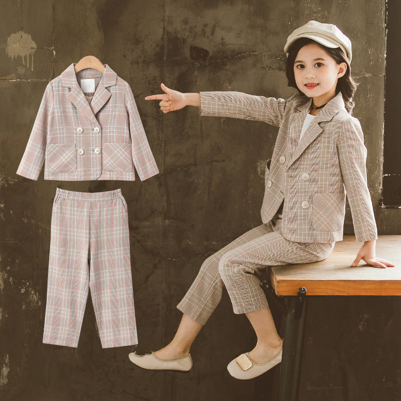 Girls’ Double-Breasted Plaid Suit Set