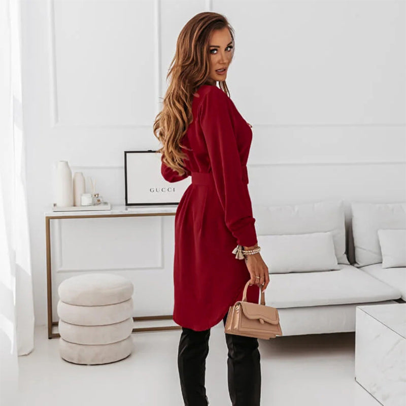 Vestido camisero elegante de manga larga con cinturón