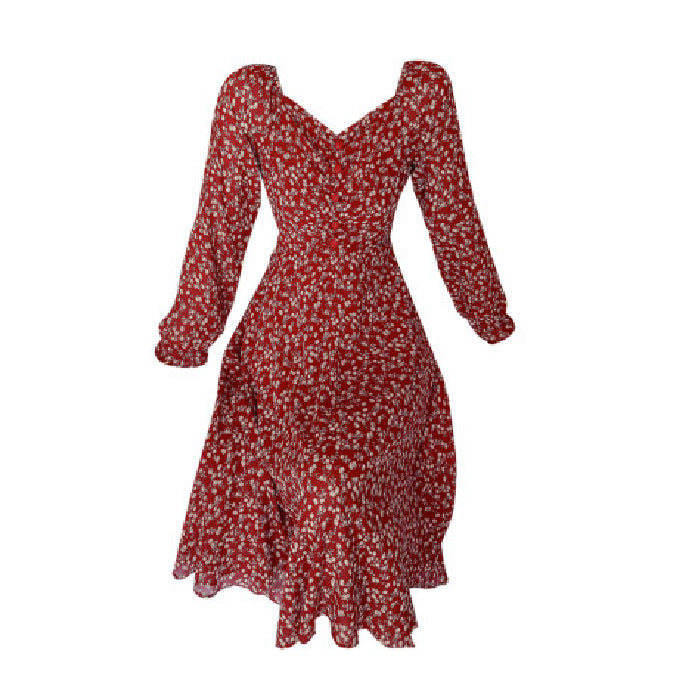 Floral Dress with V-Neck and Long Sleeves with Ruffled Finishes