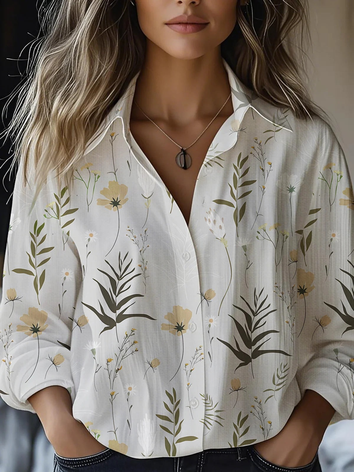 Blusa floral de manga larga en mezcla de lino