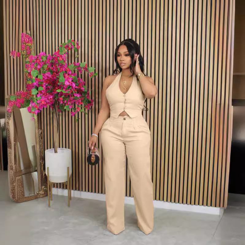 Sleeveless Suit Set with Halter Neck and Pants