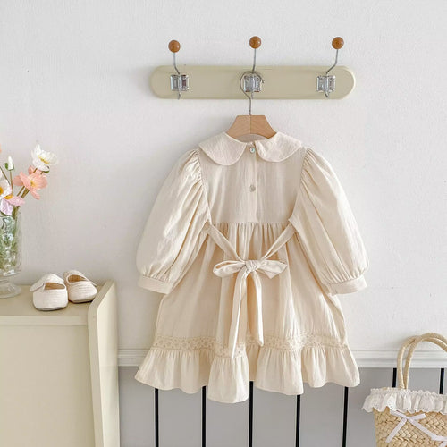 Vestido de manga larga con cuello Peter Pan y lazo para niña