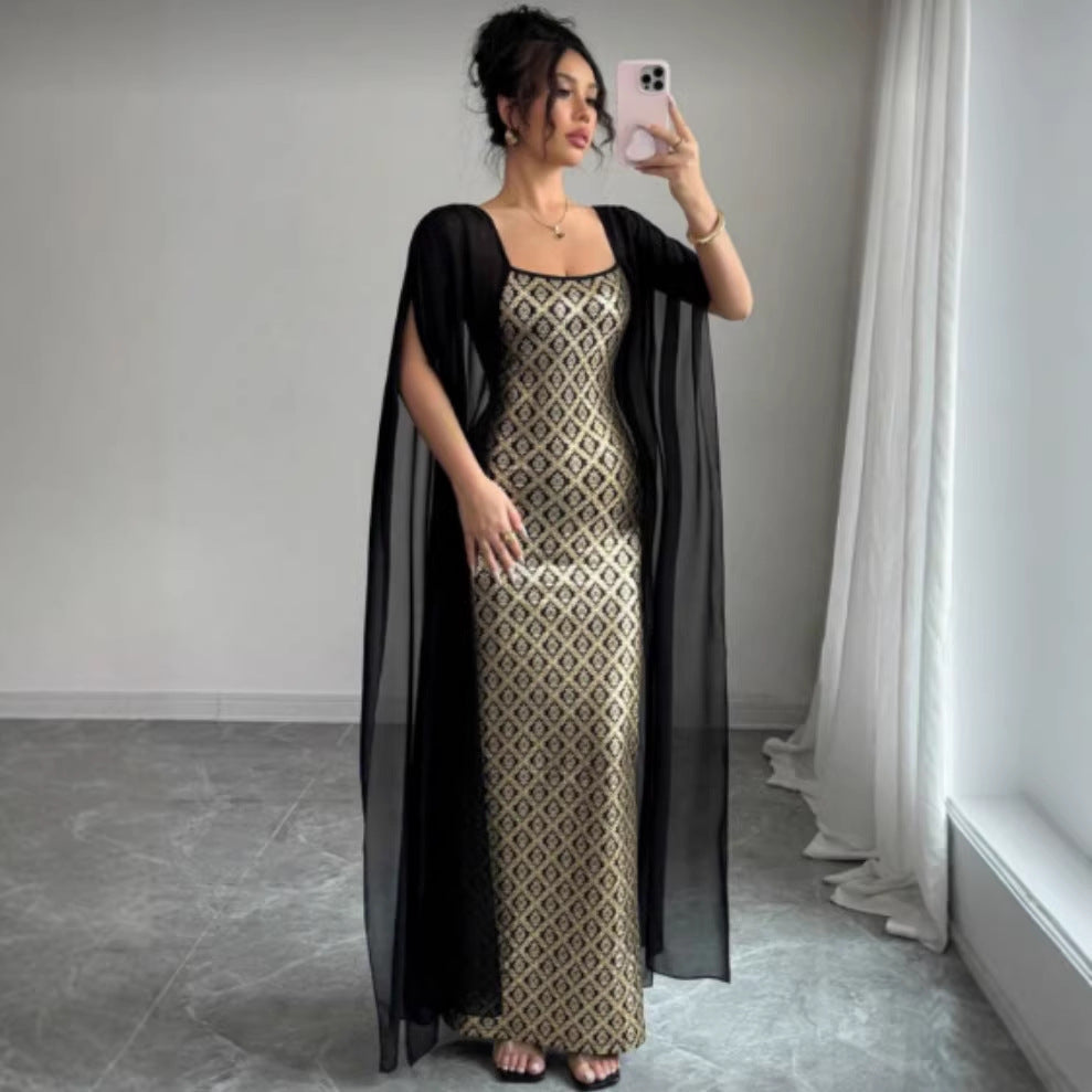 Long Printed Dress with Square Neckline and Long Sleeves