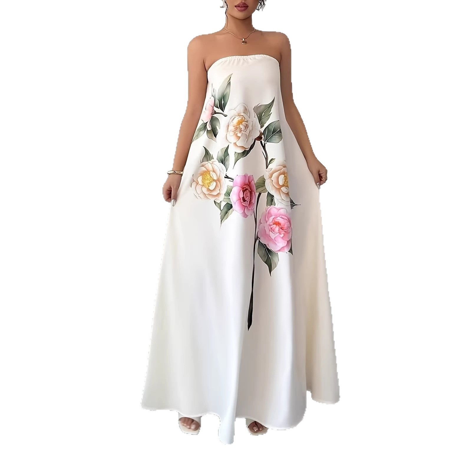 Long Floral Strapless Dress with Flowing Fit