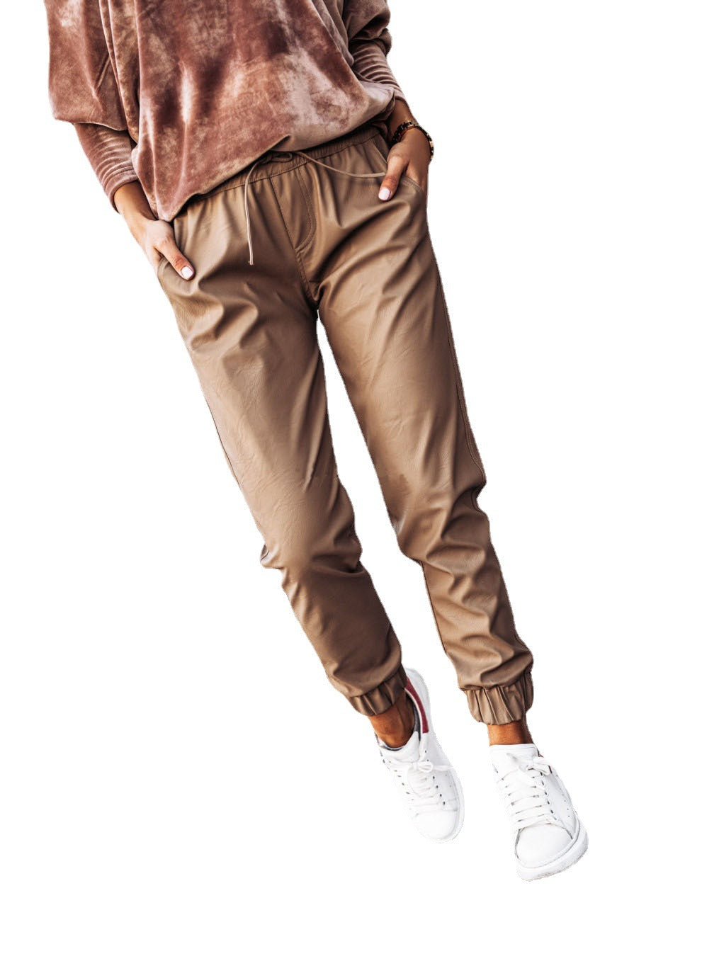 Pantalones de imitación de piel ajustados con lazo en la cintura