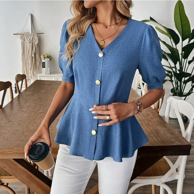 Elegante blusa de cuello en V entallada para mujer