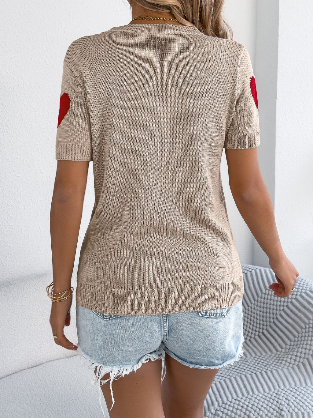 Long Open-Knit Cardigan with Leaf Pattern and Short Sleeves