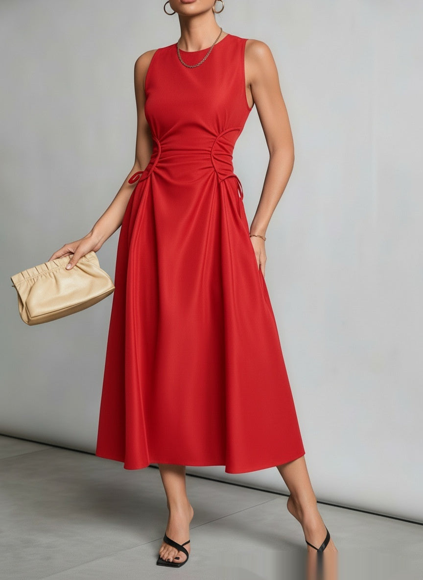 Vestido Maxi Plisado con Cintura Marcada y Corte Acampanado