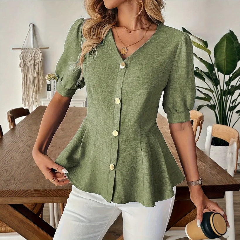 Elegante blusa de cuello en V entallada para mujer