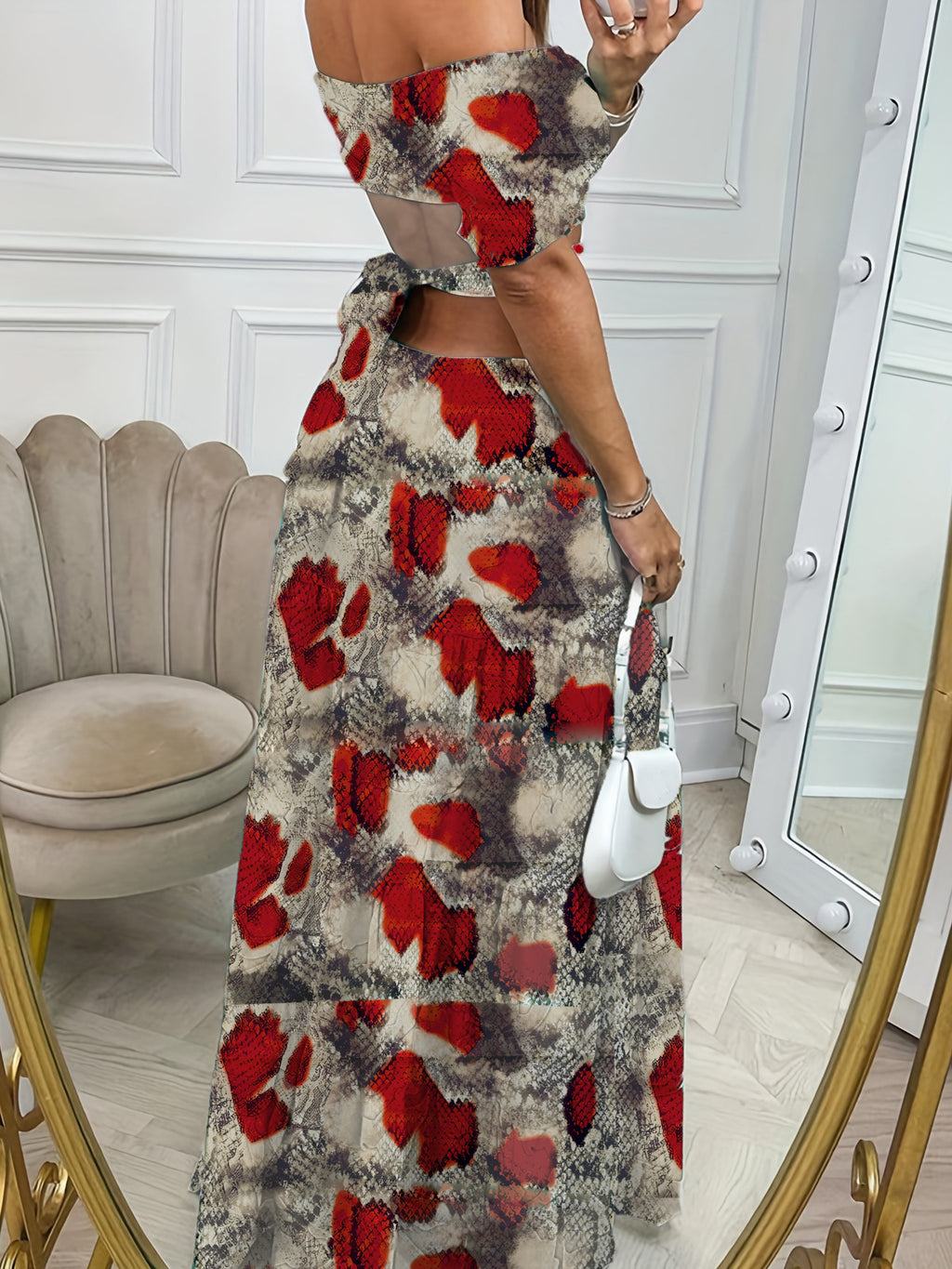 Printed Long Off-Shoulder Dress with Cutout Waist