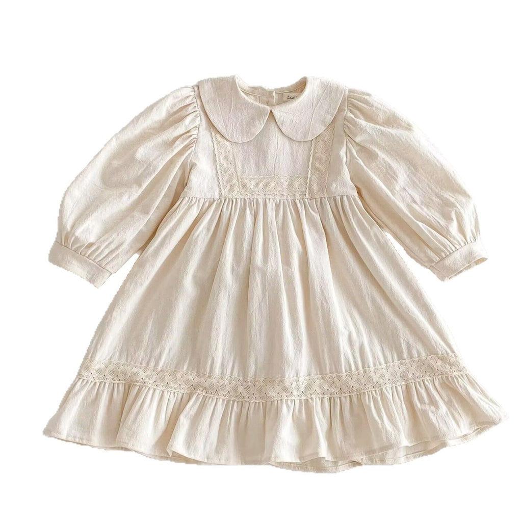 Vestido de manga larga con cuello Peter Pan y lazo para niña