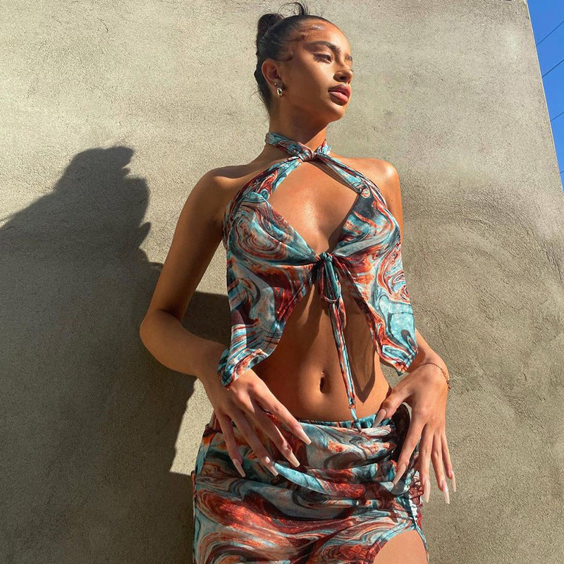 Printed Open Back Set with Halter Neck and Matching Skirt