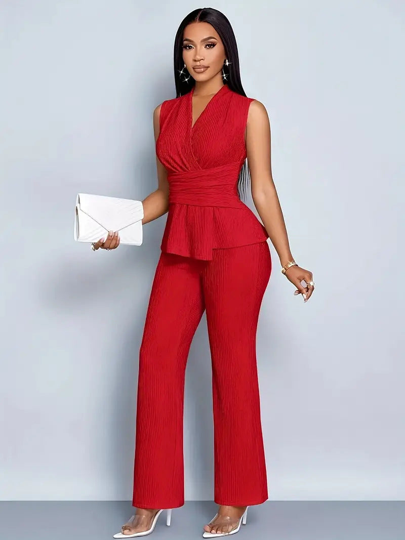 Elegant V-Neck Top & Wide-Leg Pants Two-Piece Set