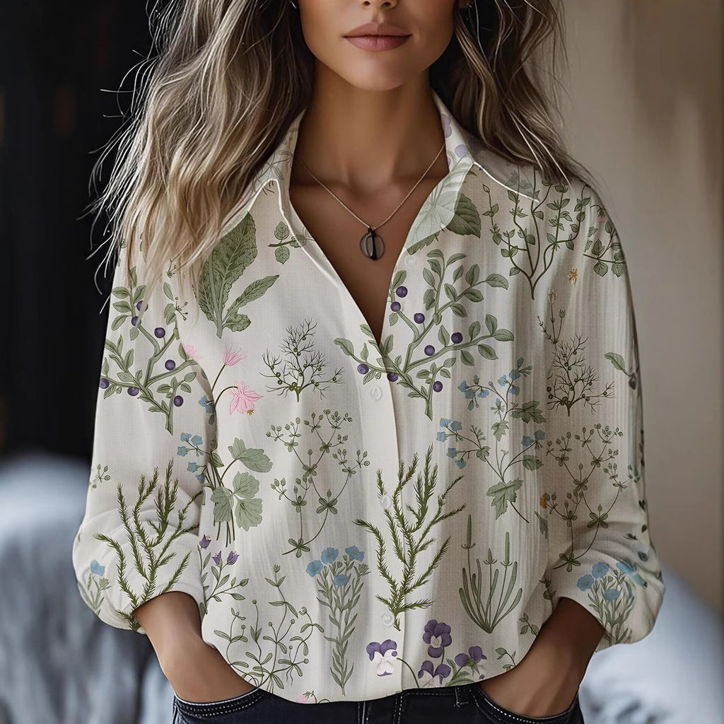 Blusa floral de manga larga en mezcla de lino