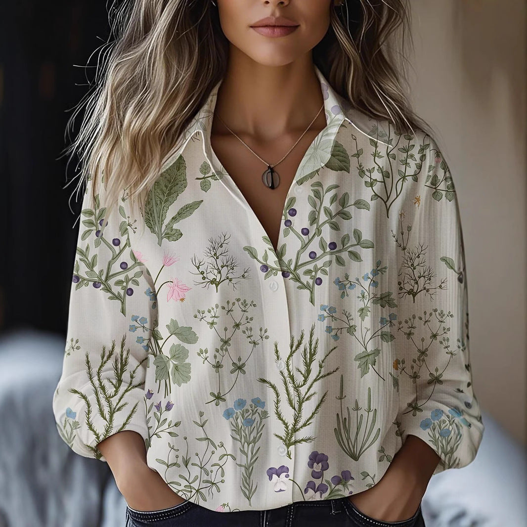 Blusa floral de manga larga en mezcla de lino