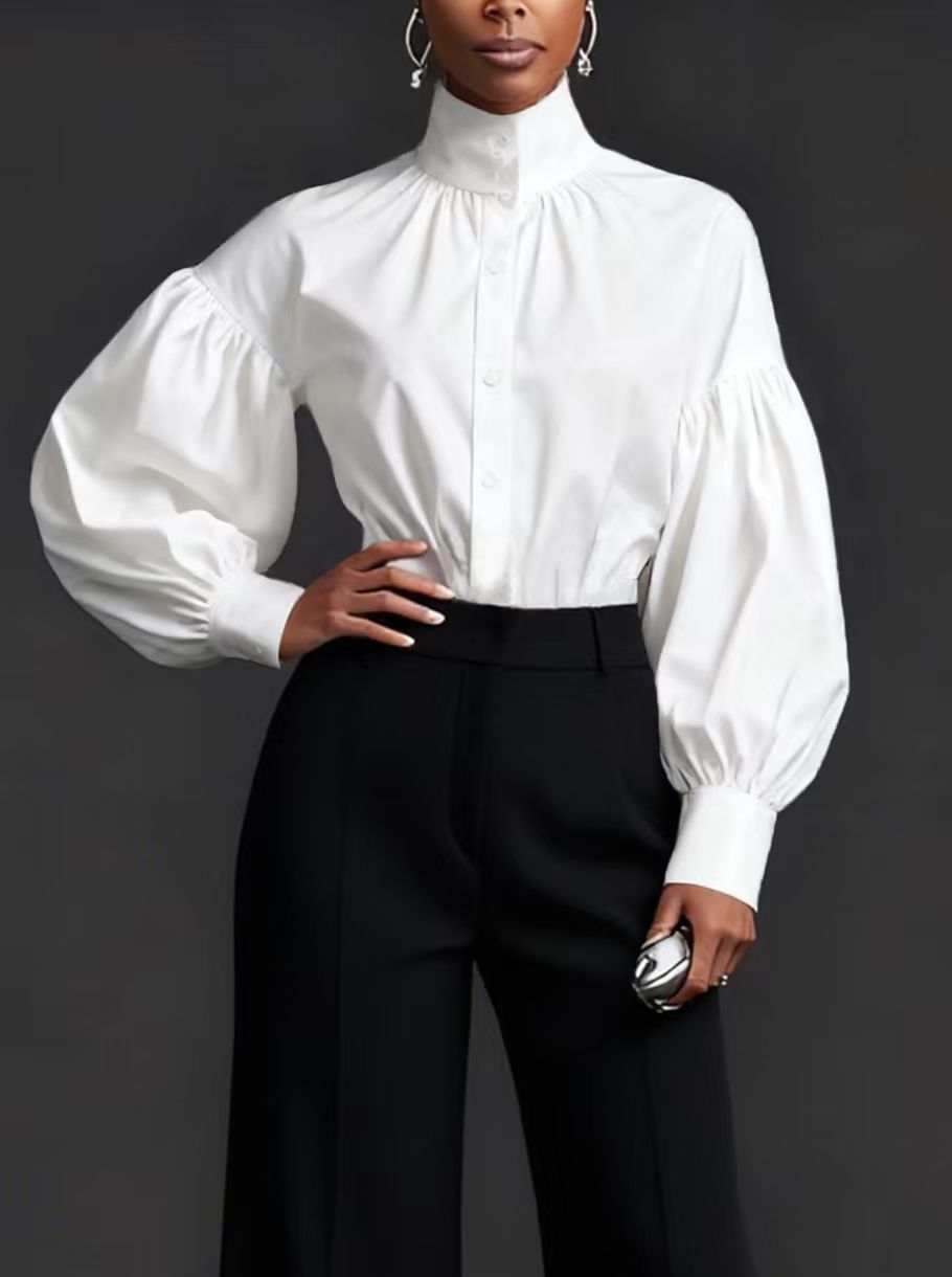 Elegant Pleated High-Neck Blouse with Puff Sleeves