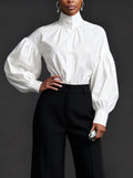 Elegant Pleated High-Neck Blouse with Puff Sleeves