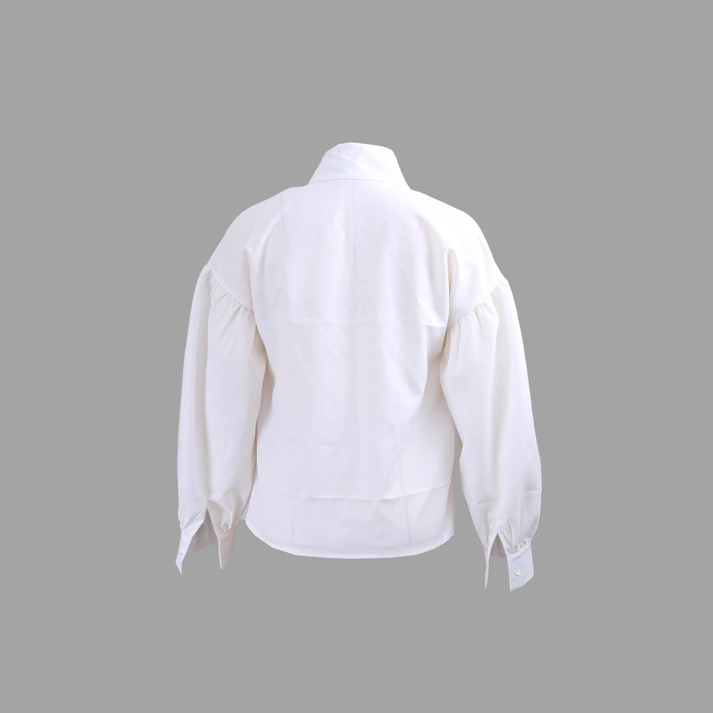 Elegant Pleated High-Neck Blouse with Puff Sleeves