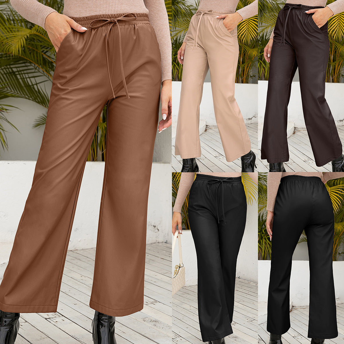 Pantalones Anchos de Cuero Sintético de Corte Recto