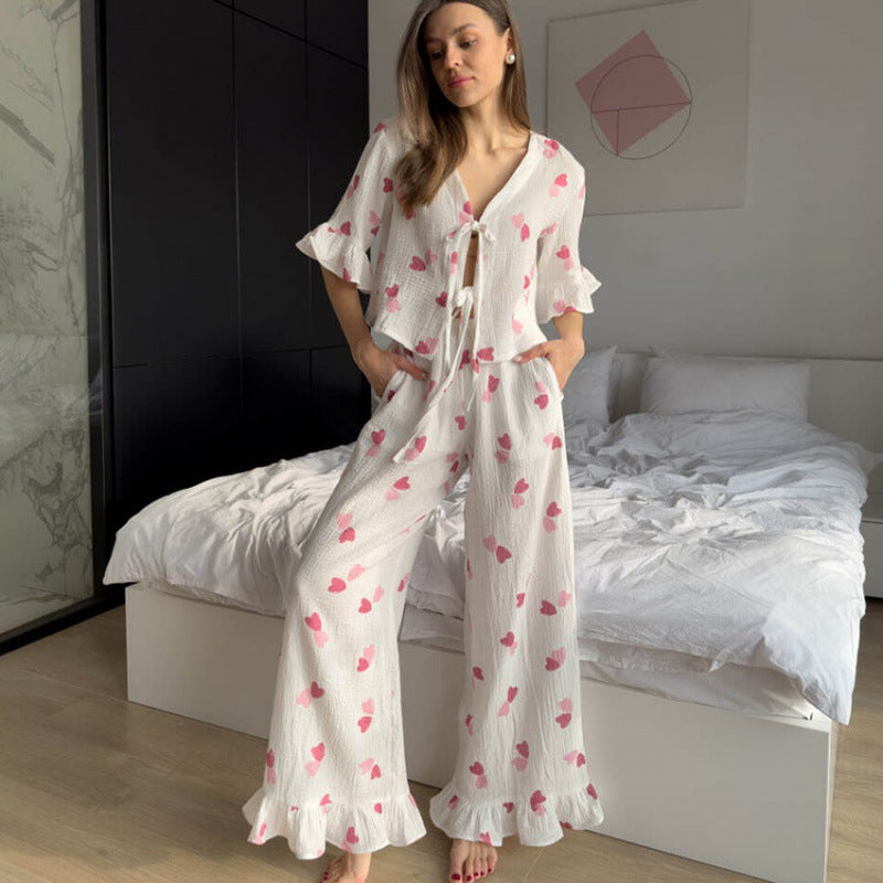 Leopard Print Cotton Pajama Set with Ruffled Finishes