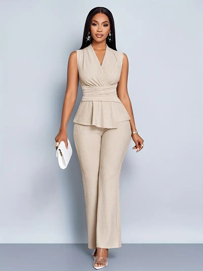 Elegant V-Neck Top & Wide-Leg Pants Two-Piece Set