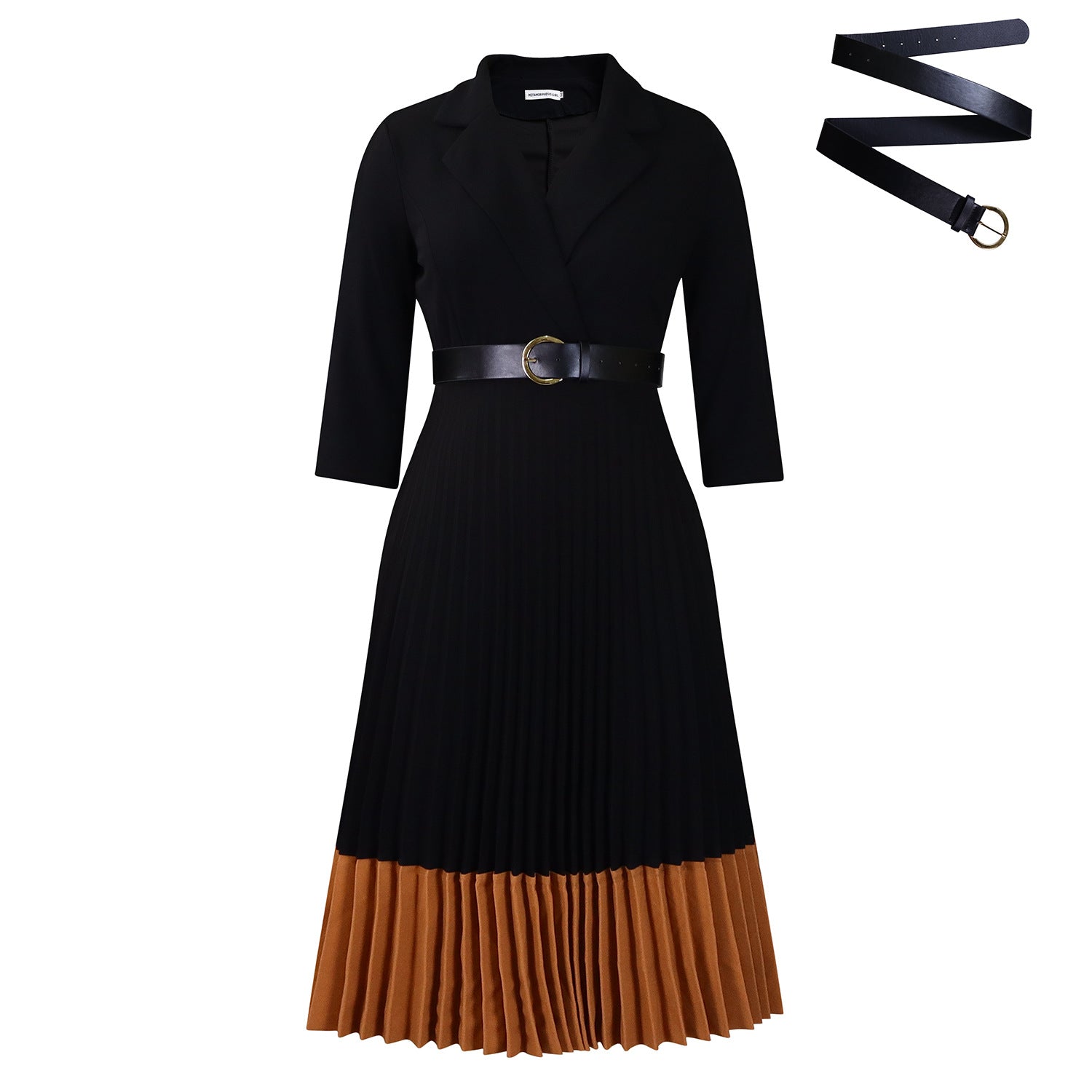 Vestido midi plisado elegante de mujer con cuello y cinturón