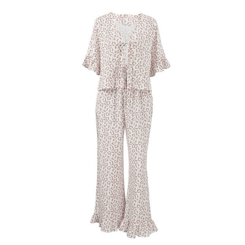 Leopard Print Cotton Pajama Set with Ruffled Finishes