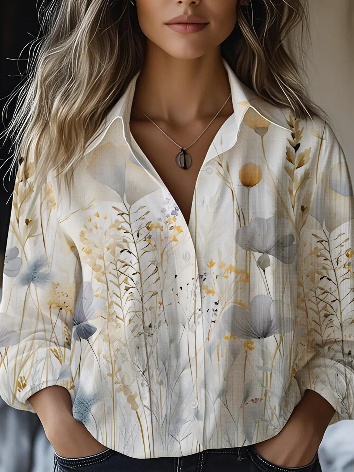 Blusa floral de manga larga en mezcla de lino