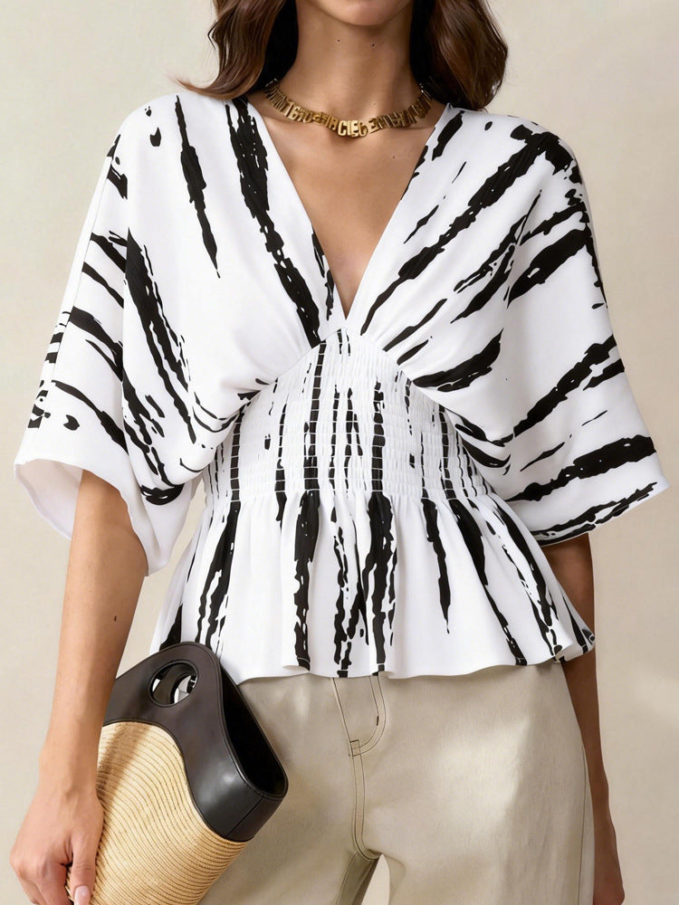 Top Estampado Holgado con Escote en V y Mangas 3/4