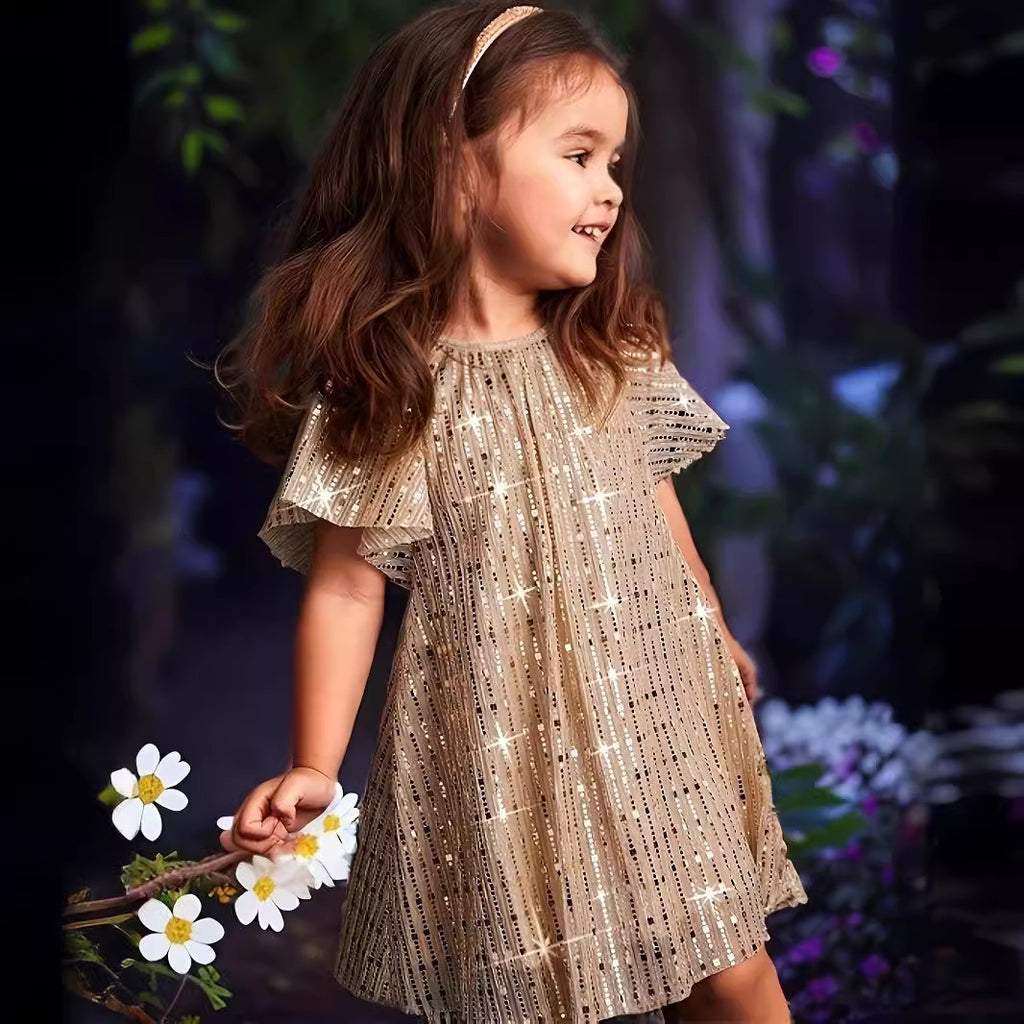 Girls Sequin Princess Dress Short Sleeves (Pink or Apricot)
