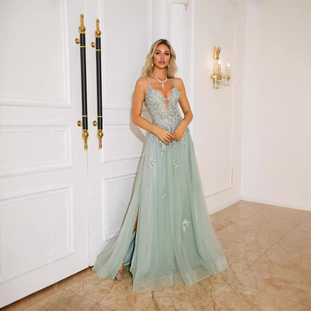 High-Waisted Long Evening Dress with Lace-Up Detail