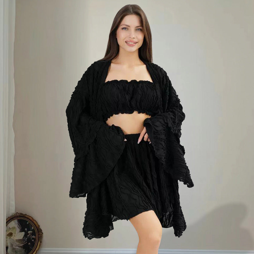 Conjunto de descanso de 3 piezas con top de manga larga y shorts