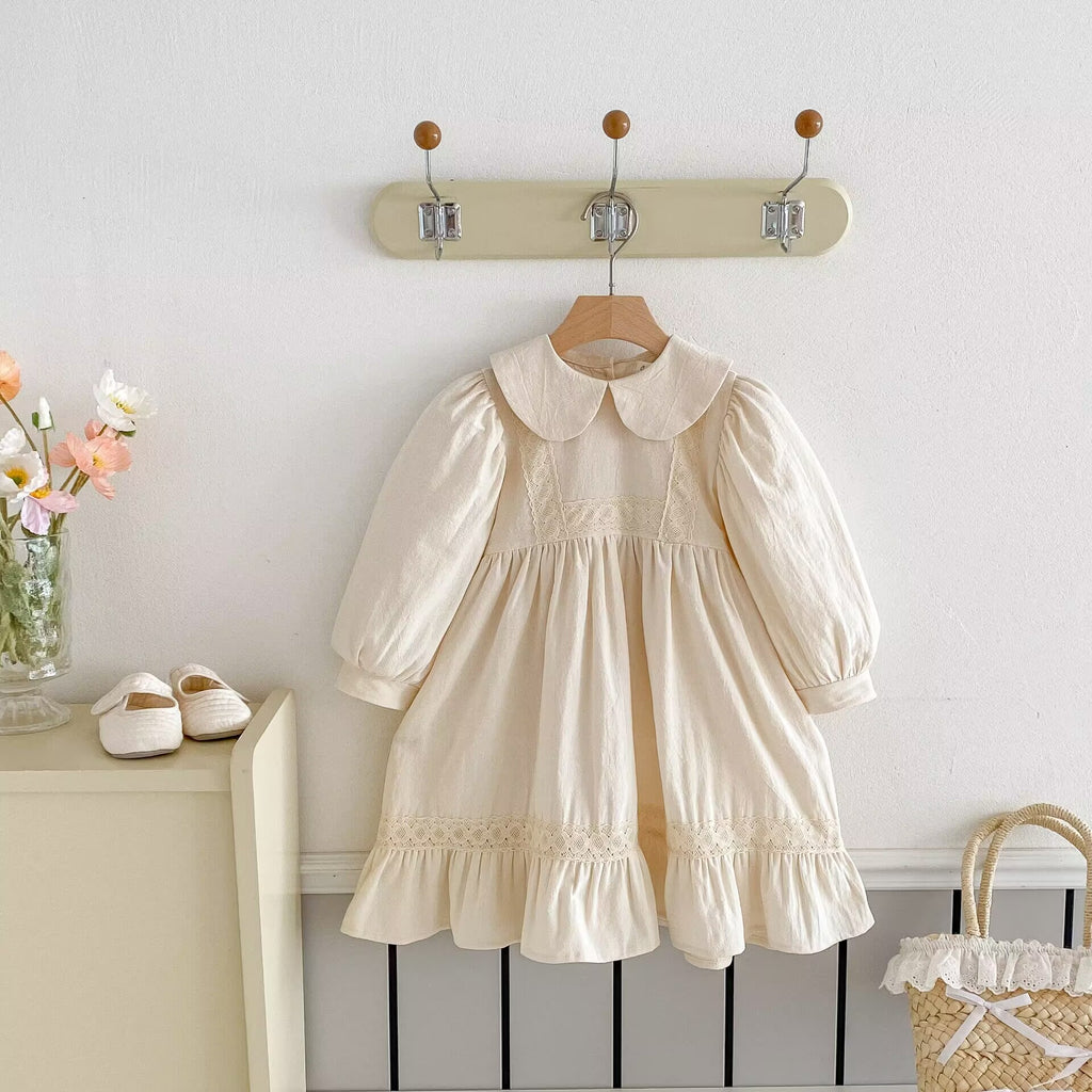Vestido de manga larga con cuello Peter Pan y lazo para niña