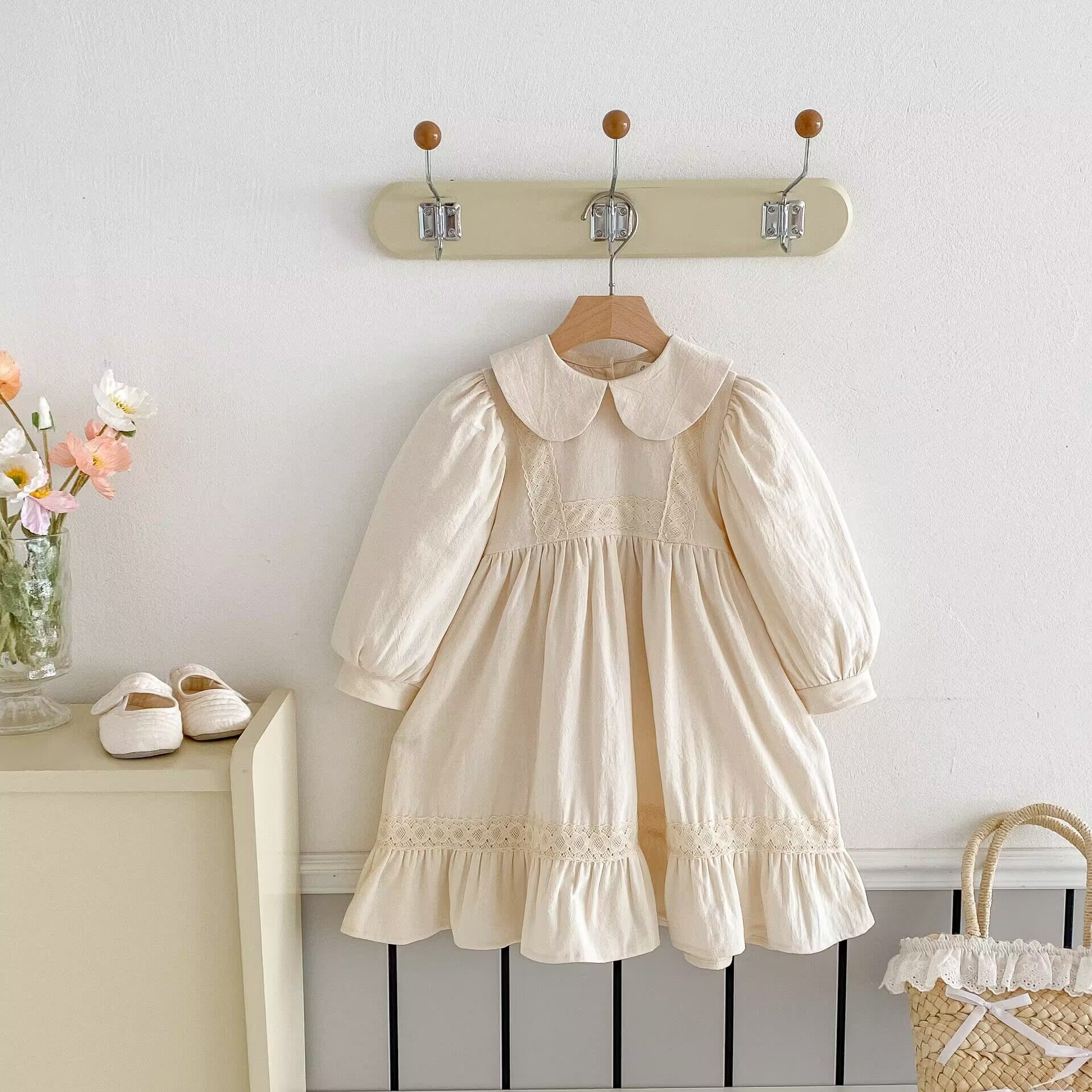 Dress with Peter Pan Collar and Bow Long Sleeves, Little Girls
