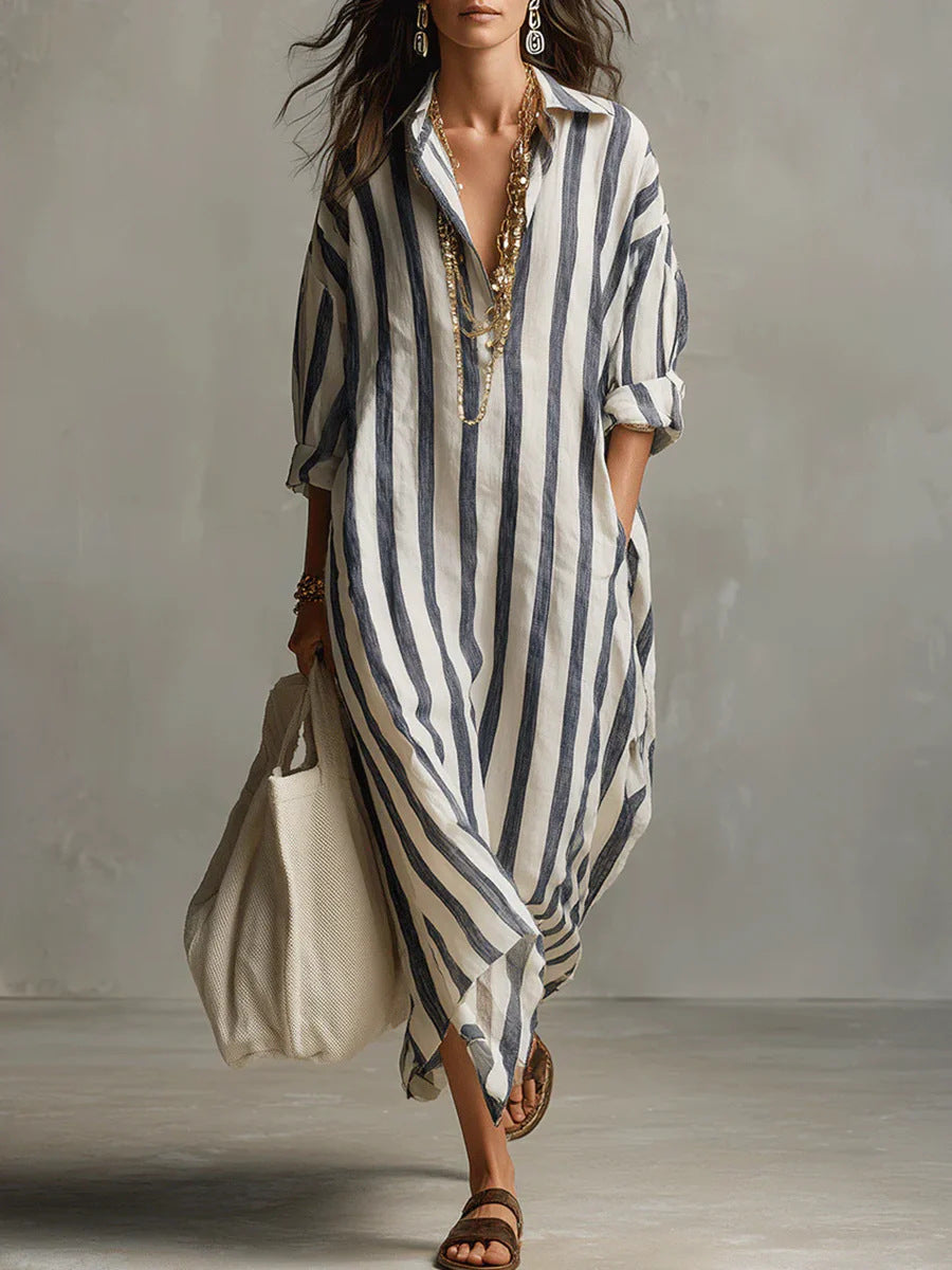 Robe-chemise longue à rayures et col en V