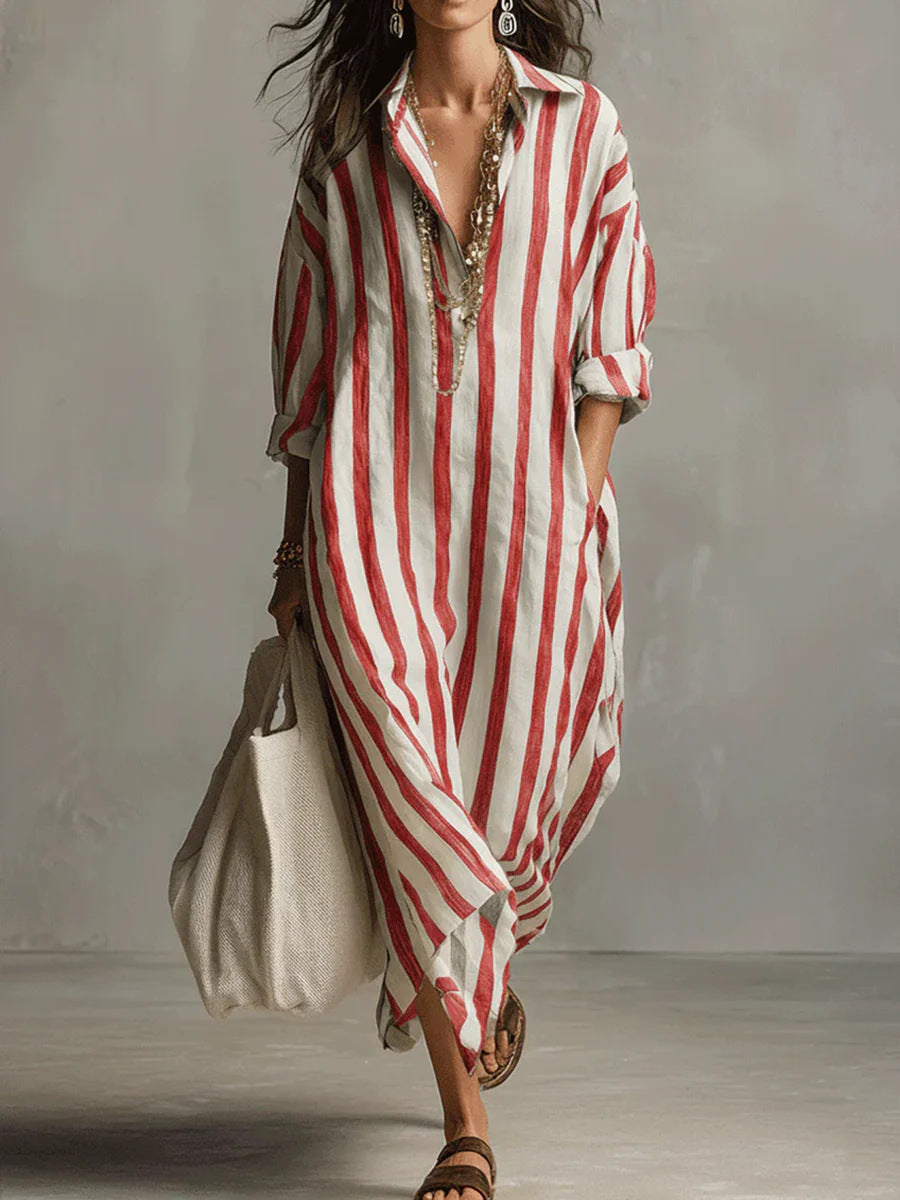 Vestido largo camisero de rayas con cuello en V