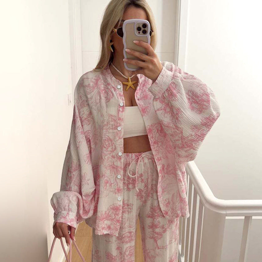 Pijama de algodón transpirable: camiseta de manga larga y pantalón