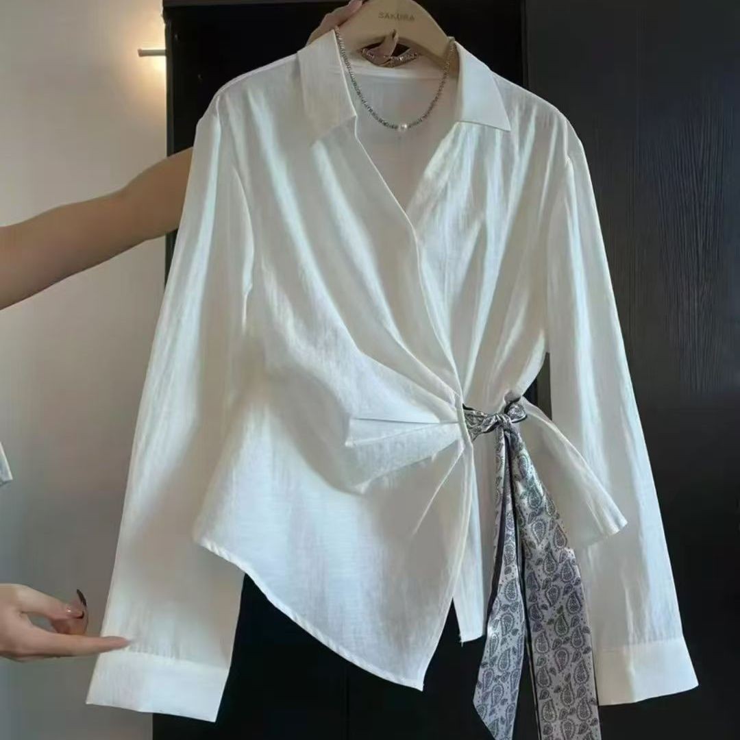 Elegant Long Sleeve Shirt with Silk Scarf Tie