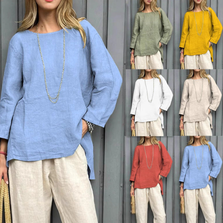 Blusa de algodón y lino con cuello redondo y manga larga